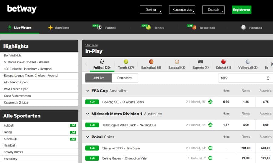 Livewetten bei Betway
