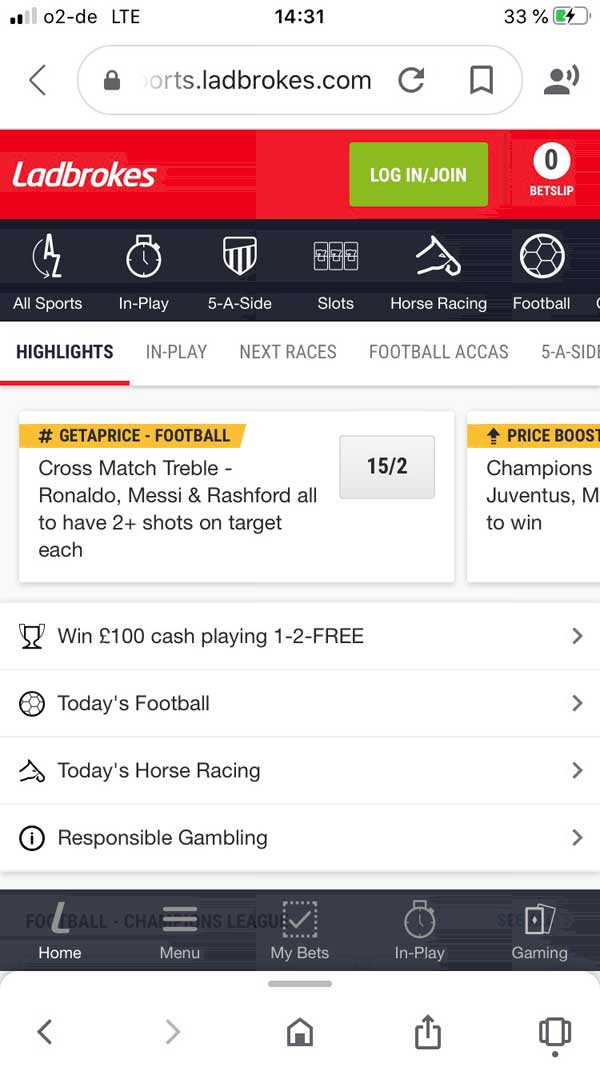 Ladbrokes App Startseite